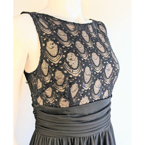 JH Evenings Black Sequin & Chiffon Dress Ruched Pleated Waist Sleeveless Size 6 - Picture 2 of 10